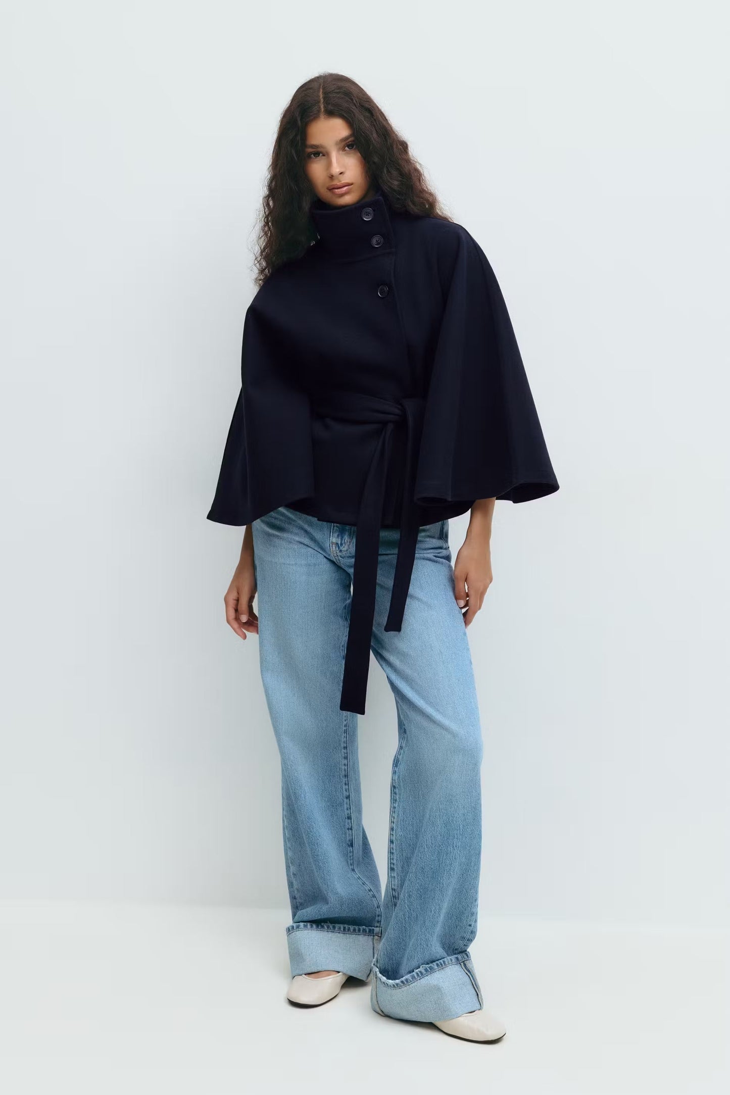 Women funnel neck draped coat, detail