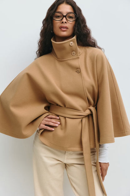 Women funnel neck draped coat, front view