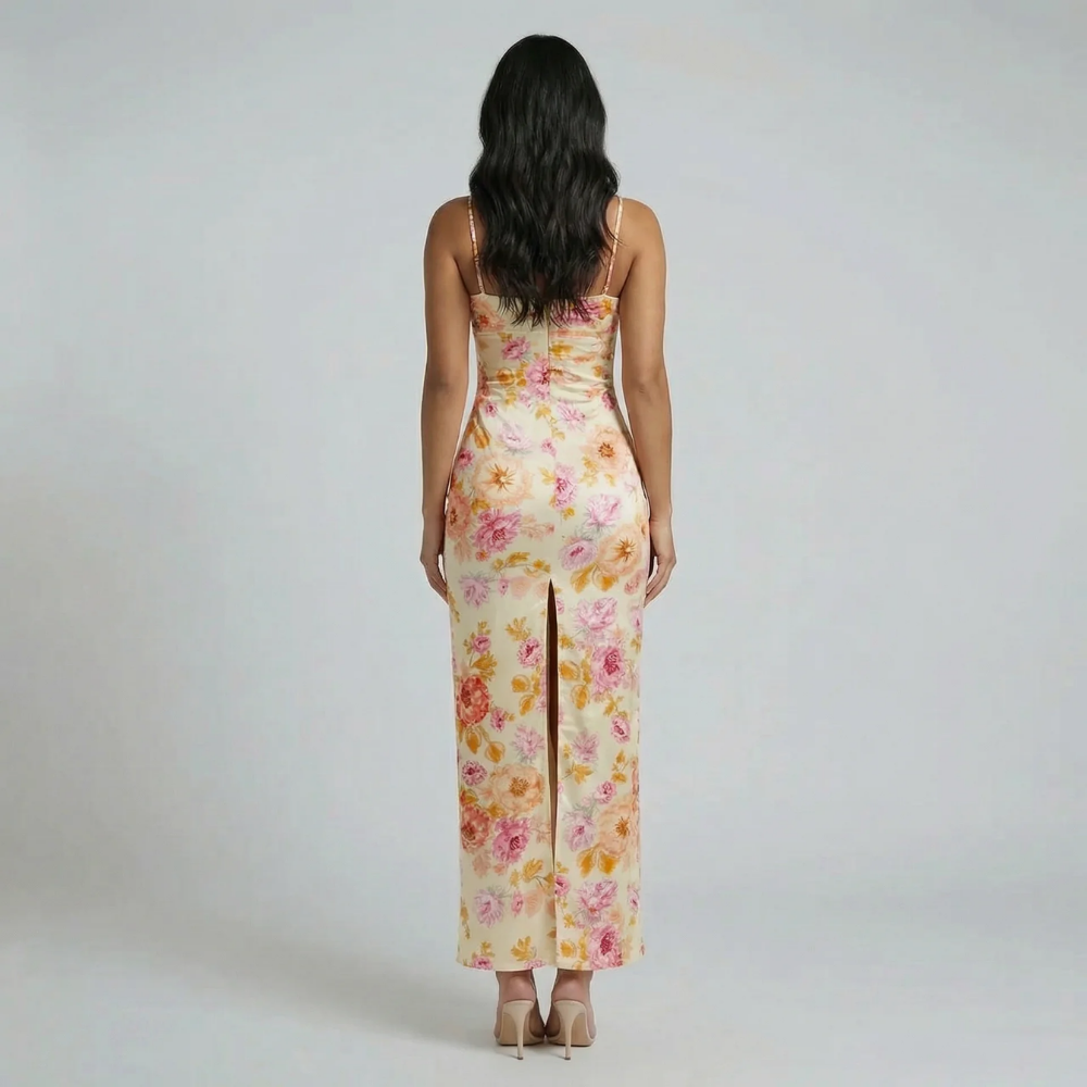 Back view of yellow floral maxi dress featuring side and back slits with soft floral print.