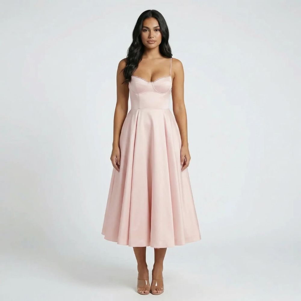 Pink fit-and-flare midi dress with spaghetti straps — styled look with nude heels.