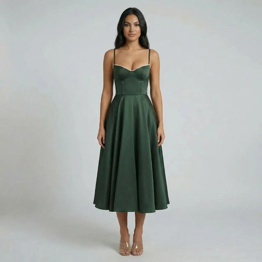 Green fit-and-flare midi dress with corset bodice and sweetheart neckline — front view.