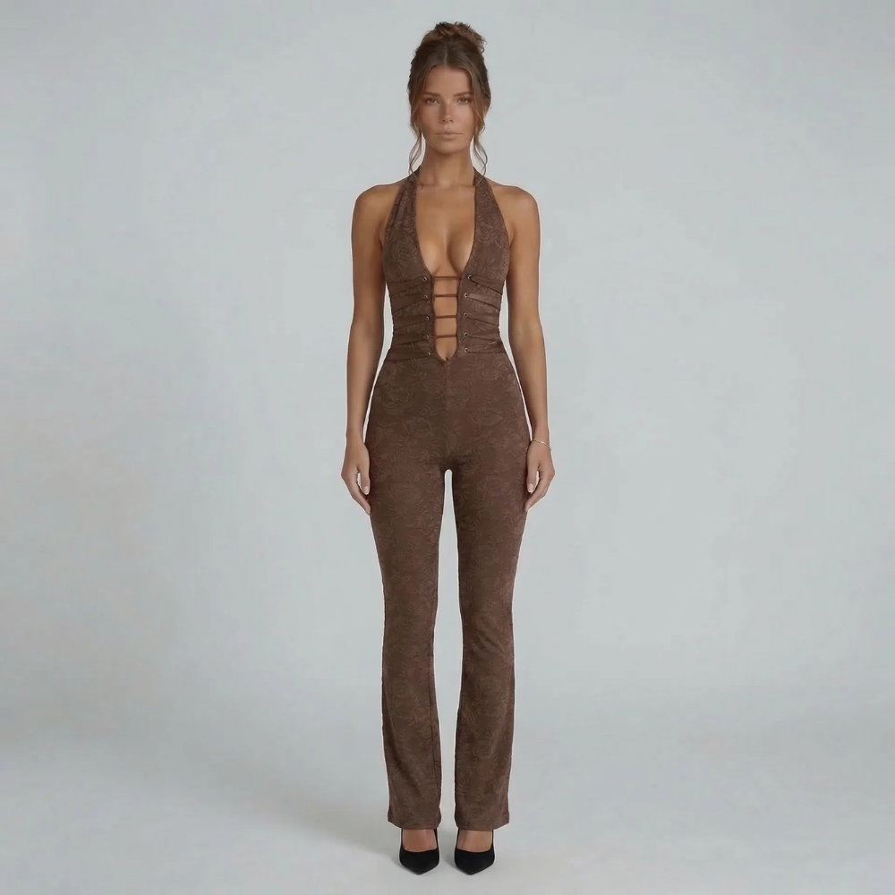 Brown lace halter jumpsuit with corset-inspired cutouts — styled front view.
