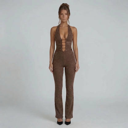 Brown lace halter jumpsuit with corset-inspired cutouts — styled front view.