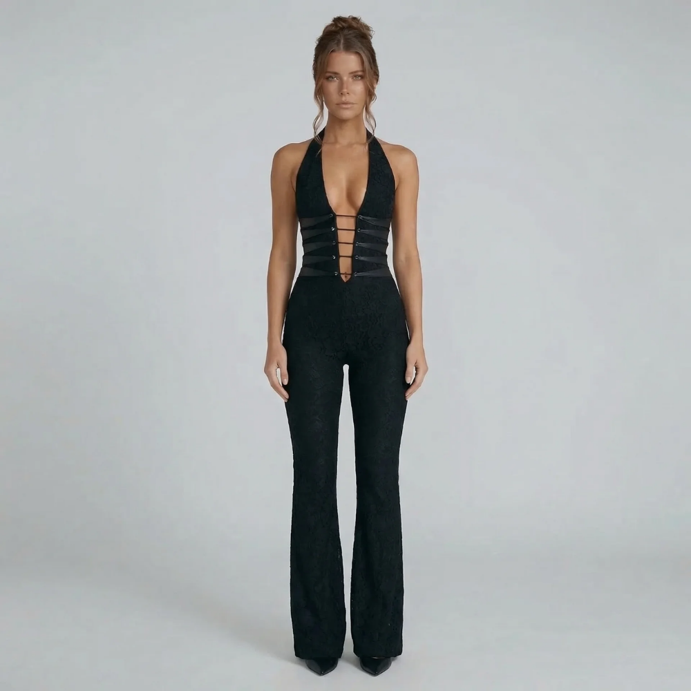 Black lace halter jumpsuit with corset-inspired cutouts and flared legs — front view.
