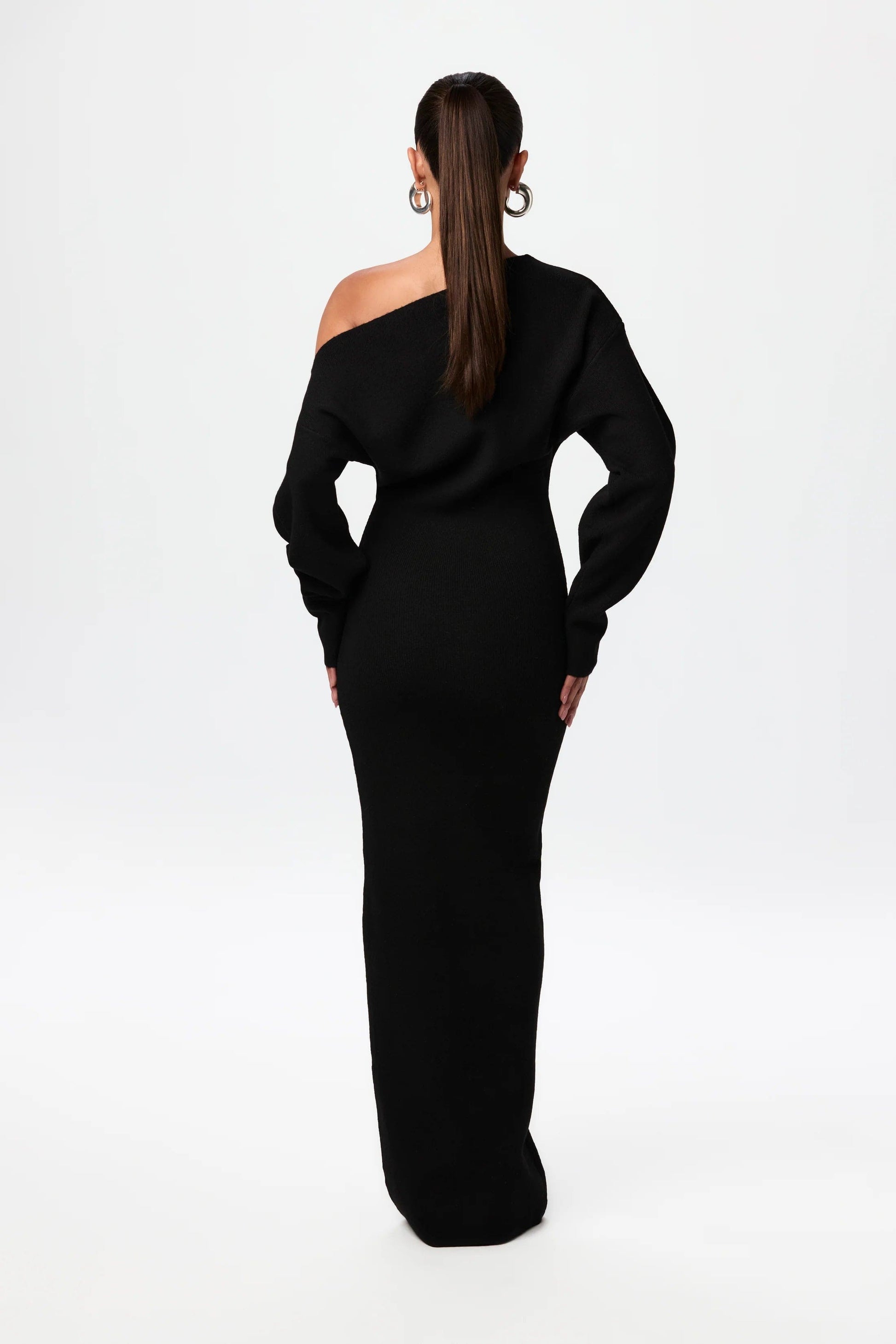 Women black one-shoulder maxi dress, back view