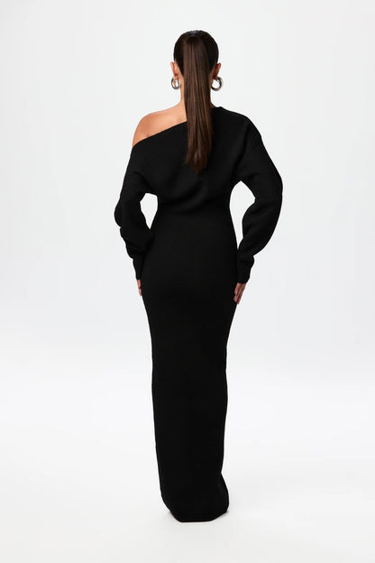 Women black one-shoulder maxi dress, back view