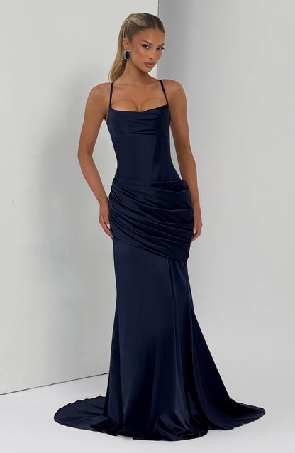 Women navy cowl maxi dress, side view