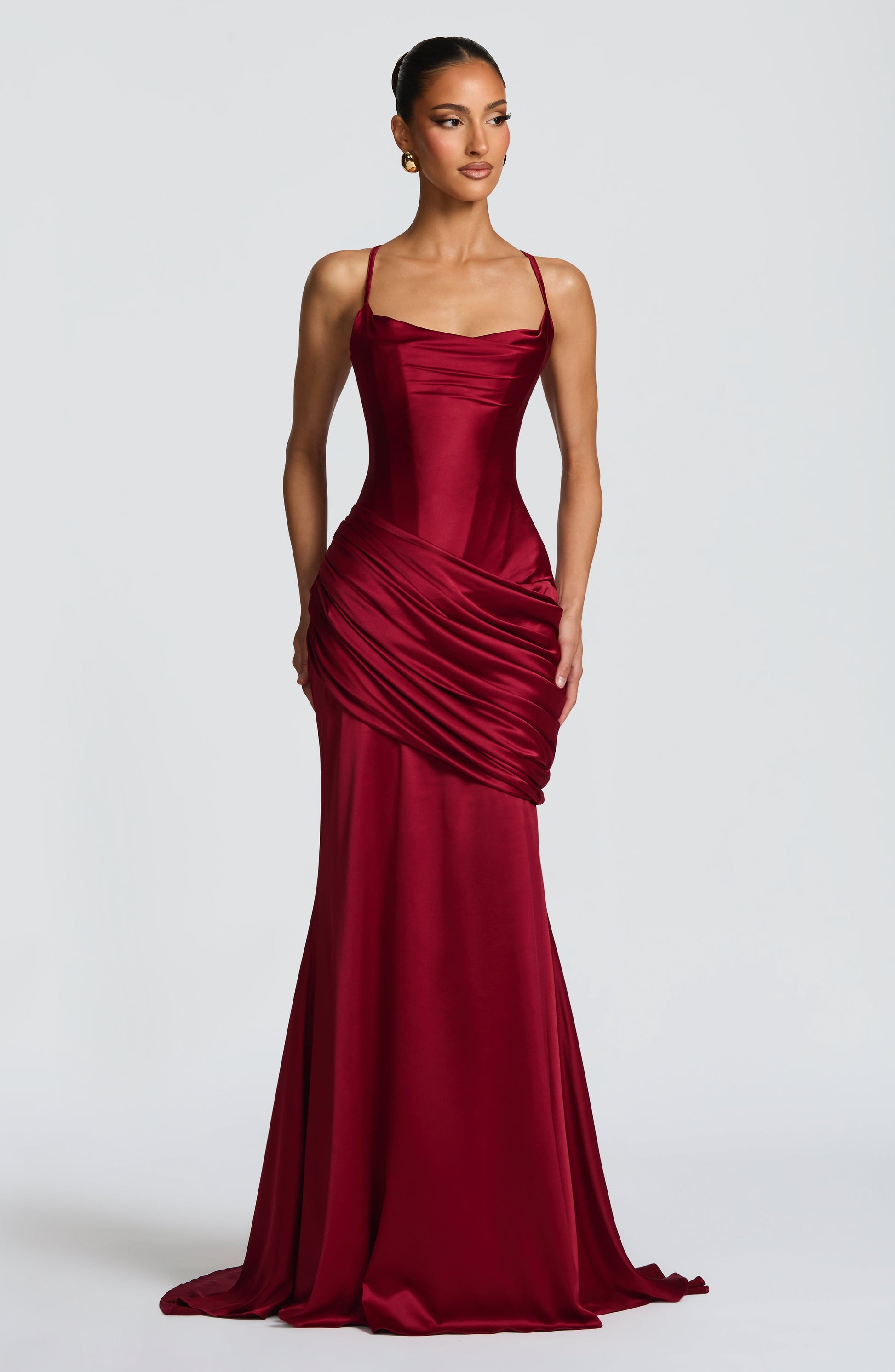 Women burgundy cowl maxi dress, detail close-up
