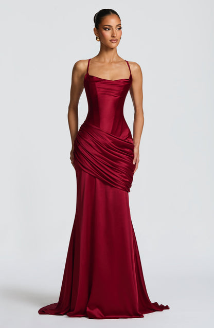 Women burgundy cowl maxi dress, detail close-up