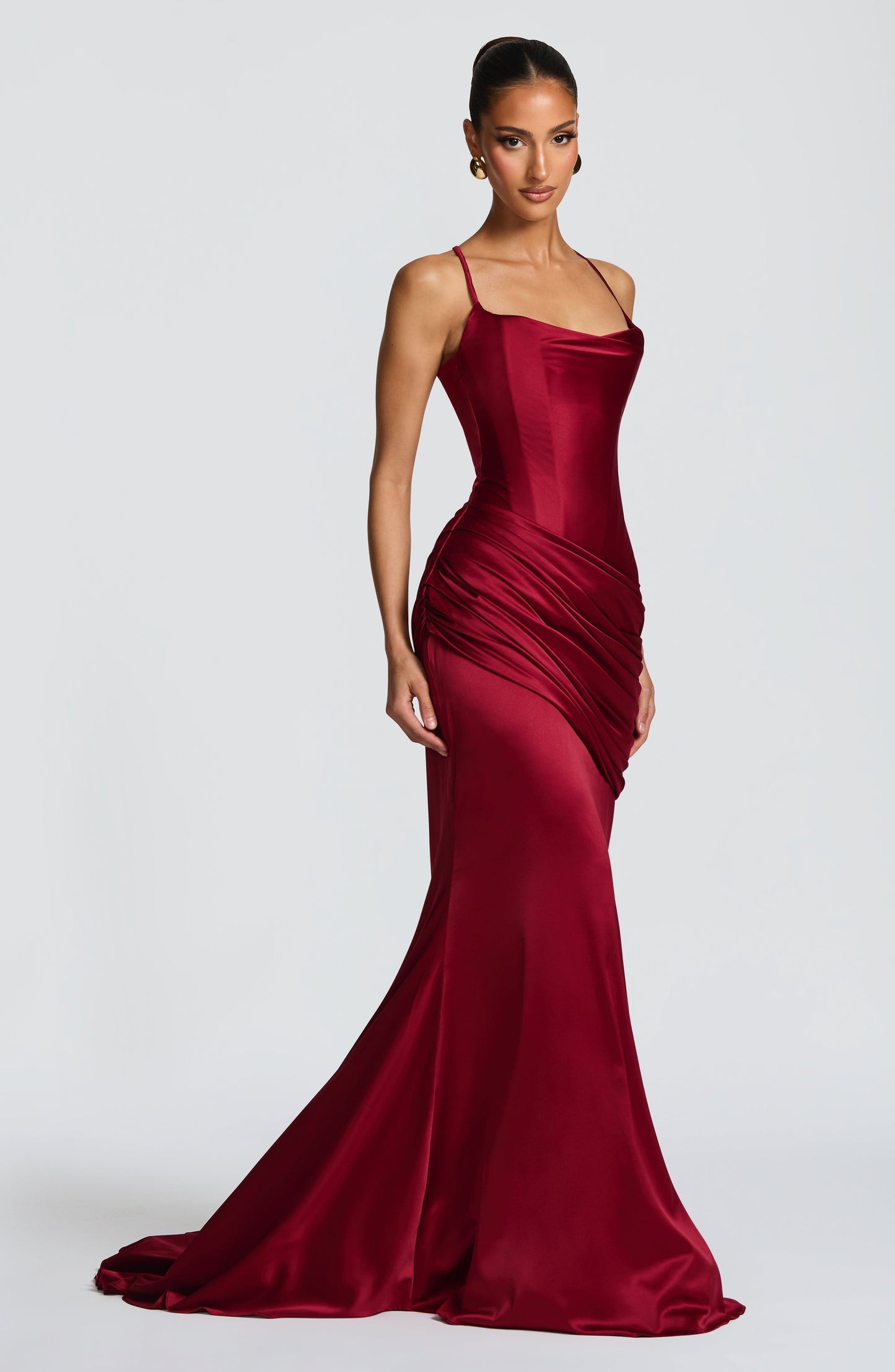 Women burgundy cowl maxi dress, front view