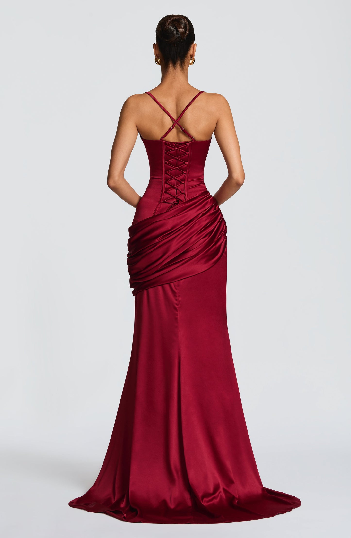 Women burgundy cowl maxi dress, back view