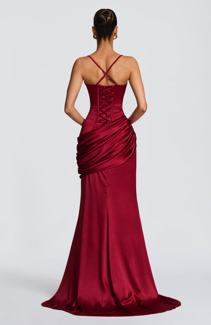 Women burgundy cowl maxi dress, back view