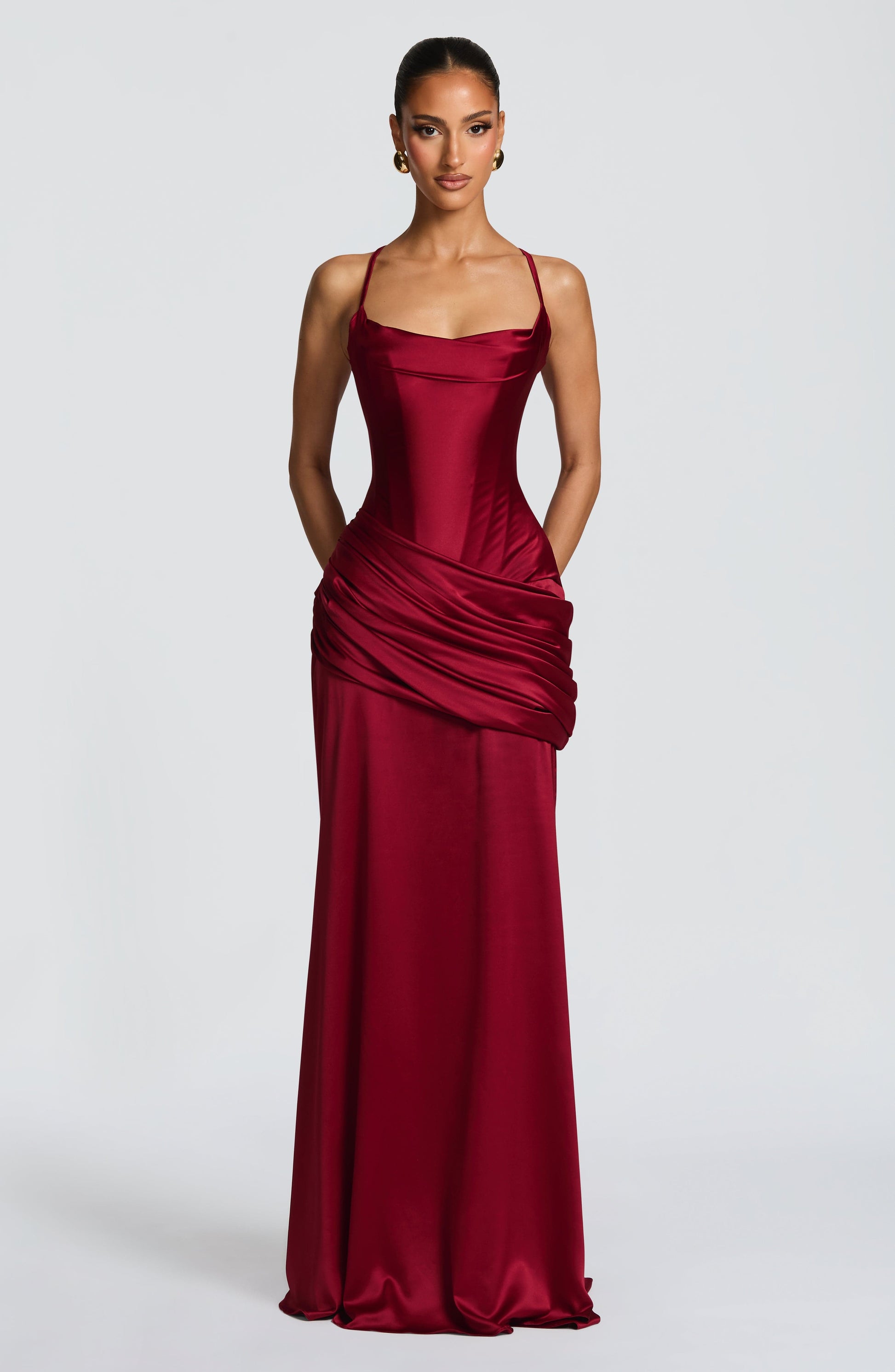 Women burgundy cowl maxi dress, side view