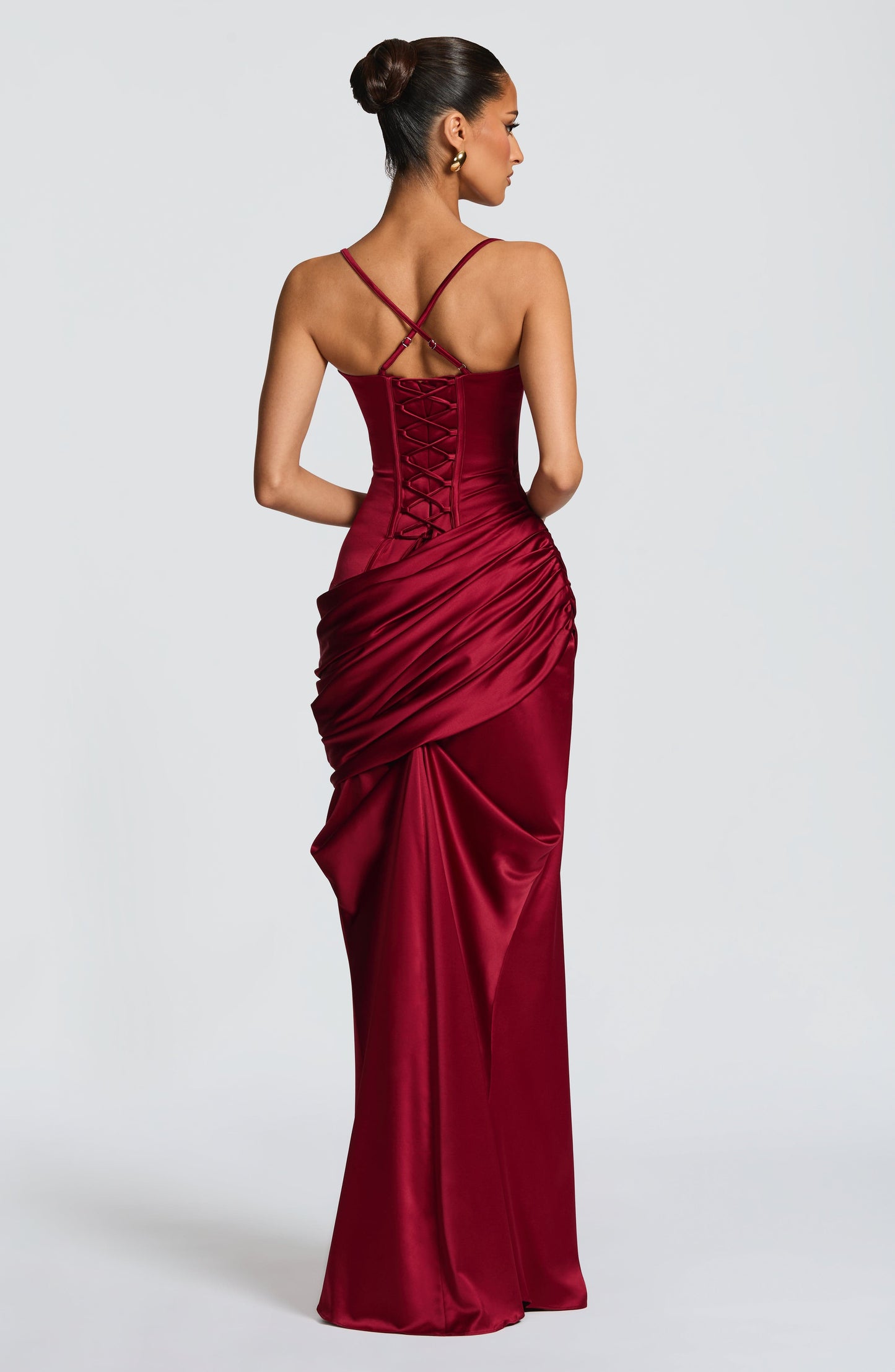 Women burgundy cowl maxi dress, detail close-up