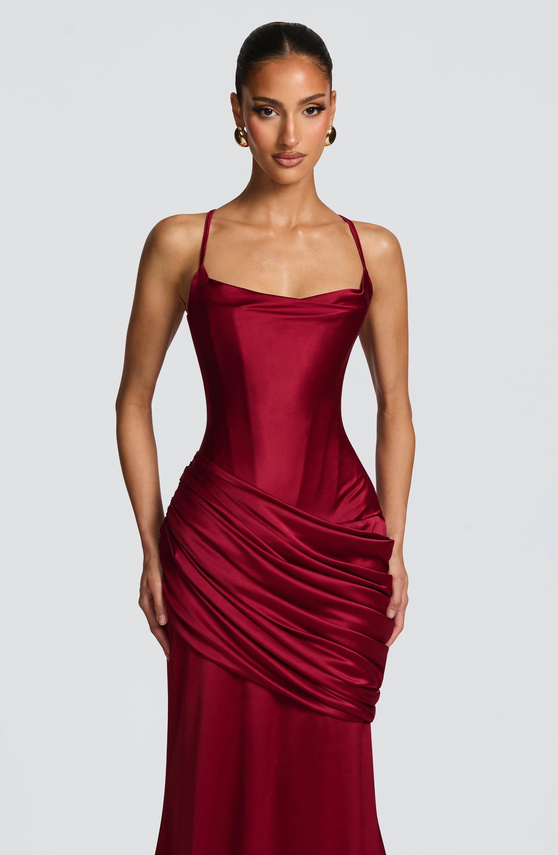 Women burgundy cowl maxi dress, front view
