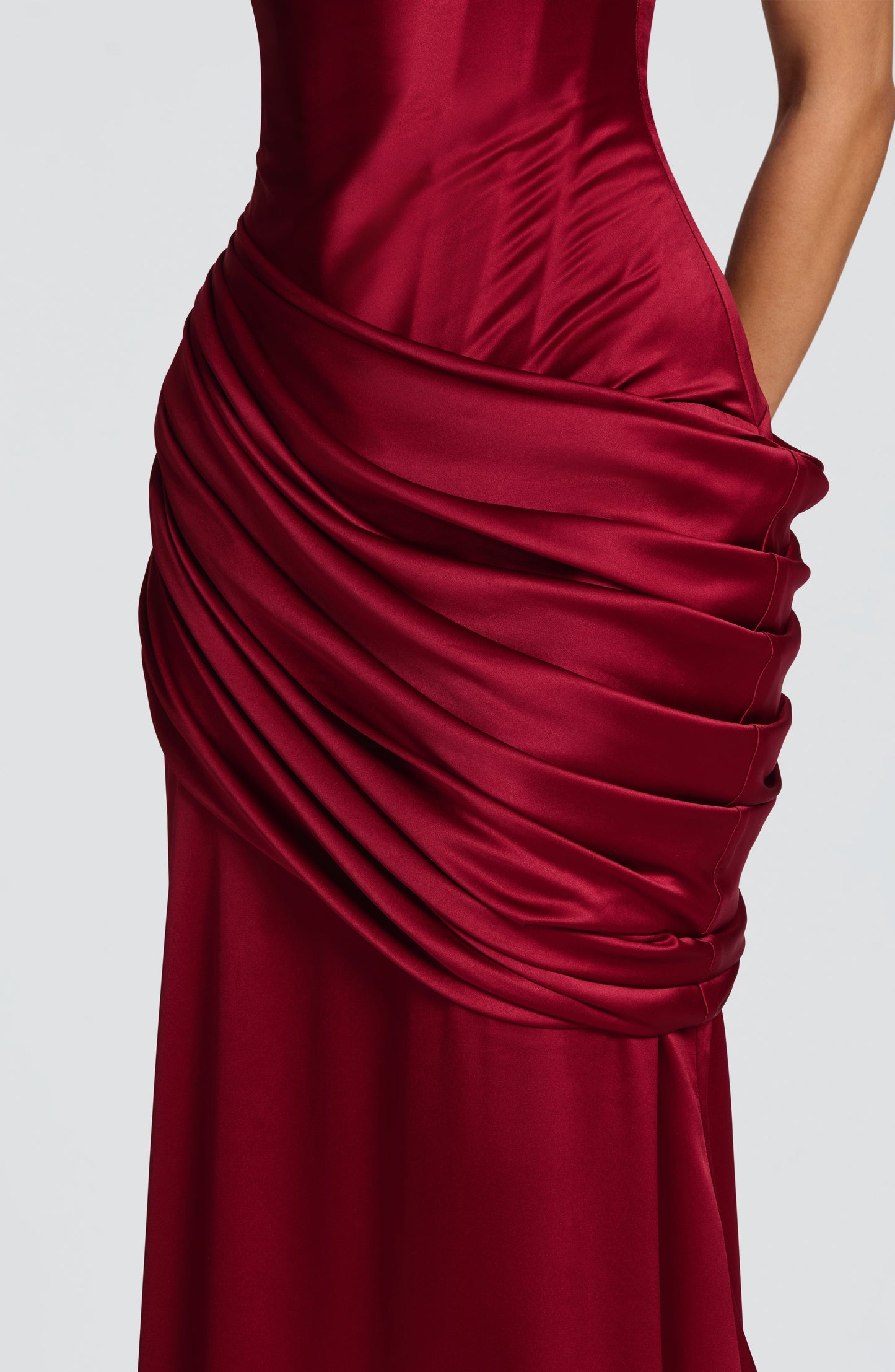 Women burgundy cowl maxi dress, back view