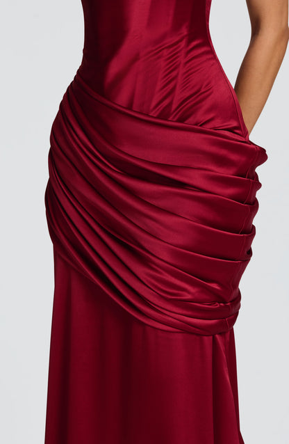Women burgundy cowl maxi dress, back view