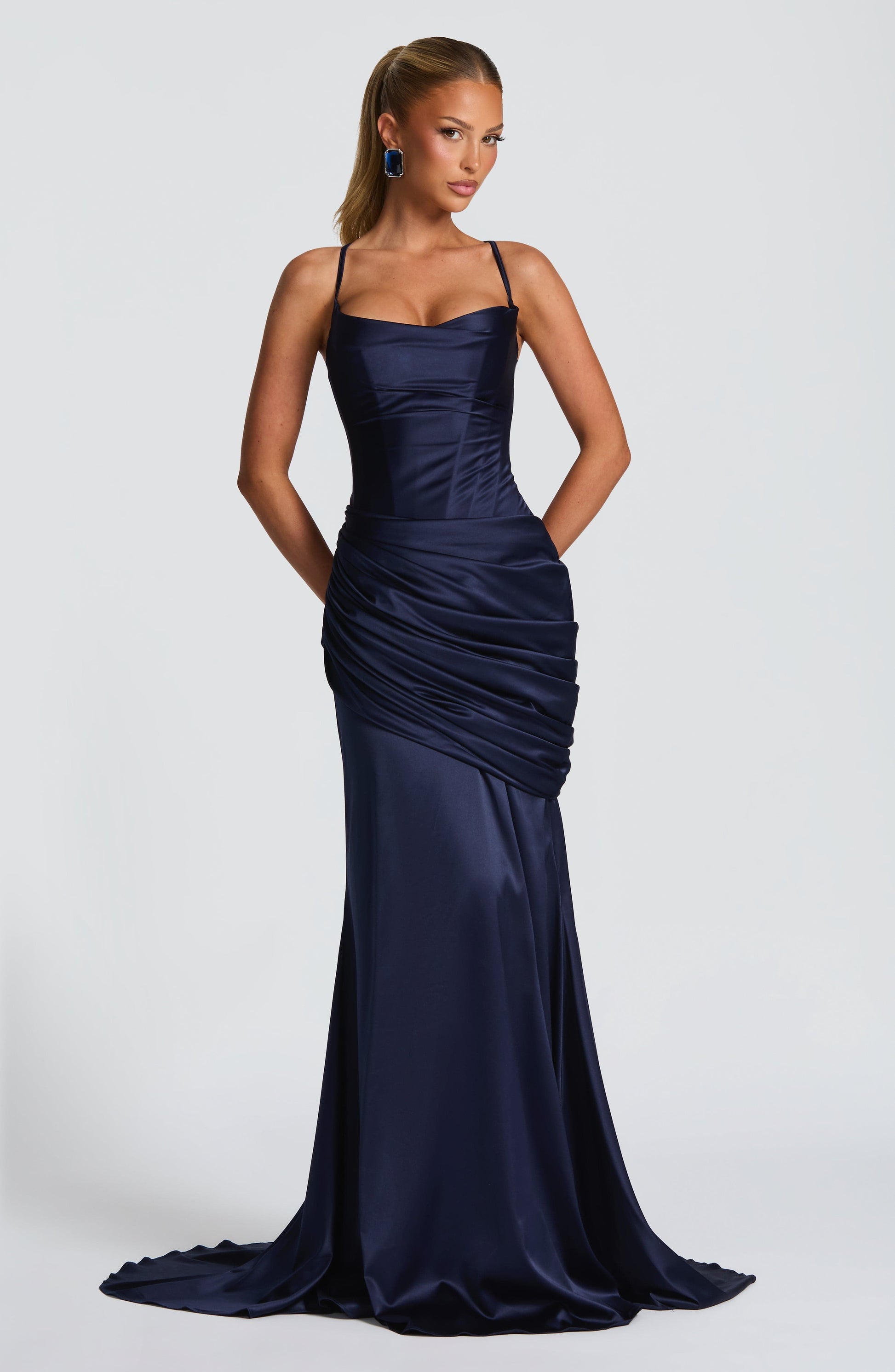 Women navy cowl maxi dress, detail close-up