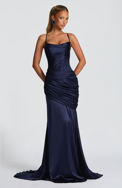 Women navy cowl maxi dress, detail close-up