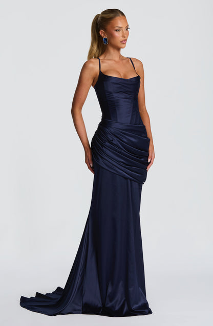 Women navy cowl maxi dress, front view