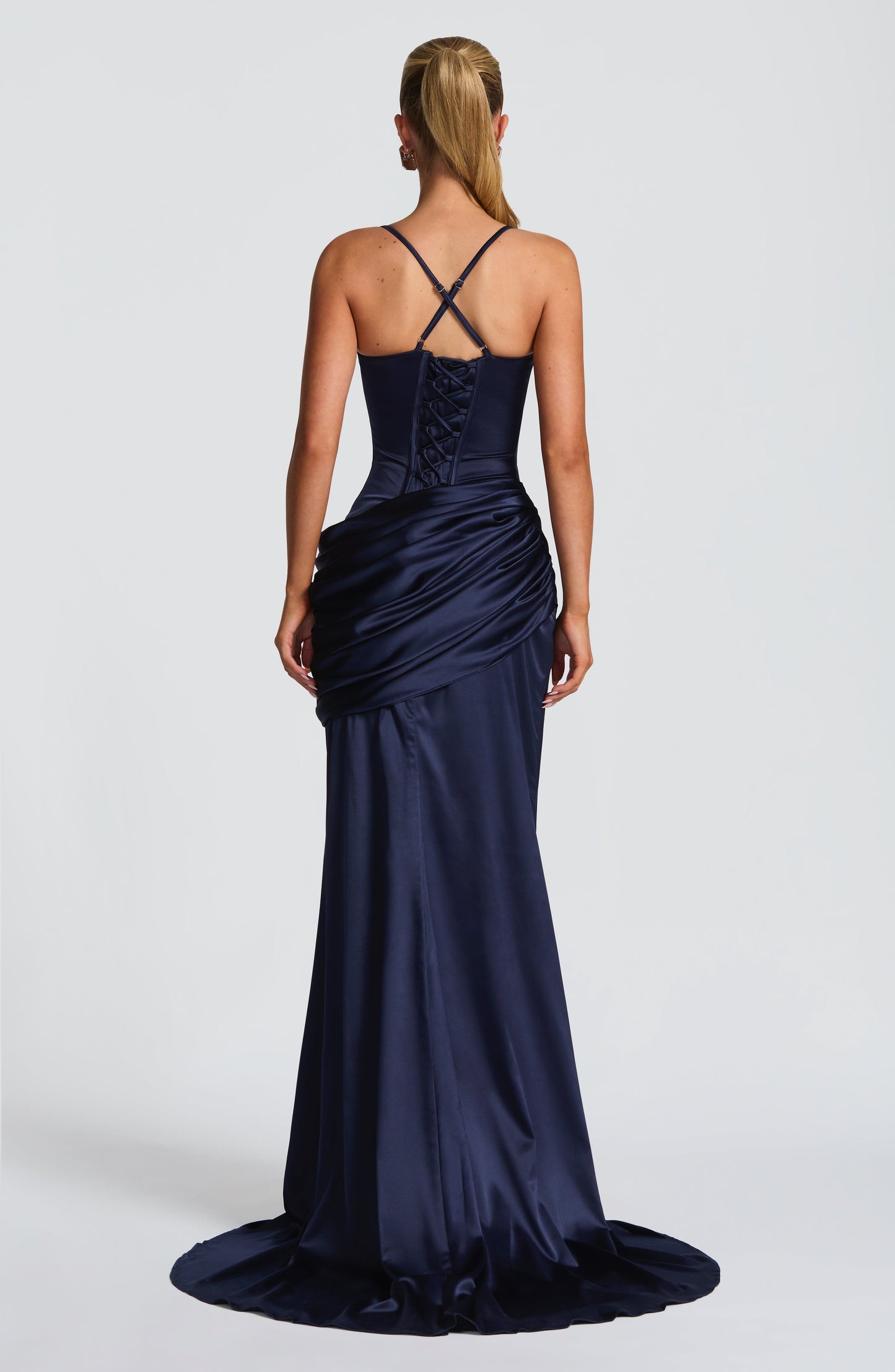 Women navy cowl maxi dress, back view