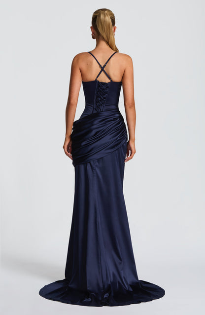 Women navy cowl maxi dress, back view