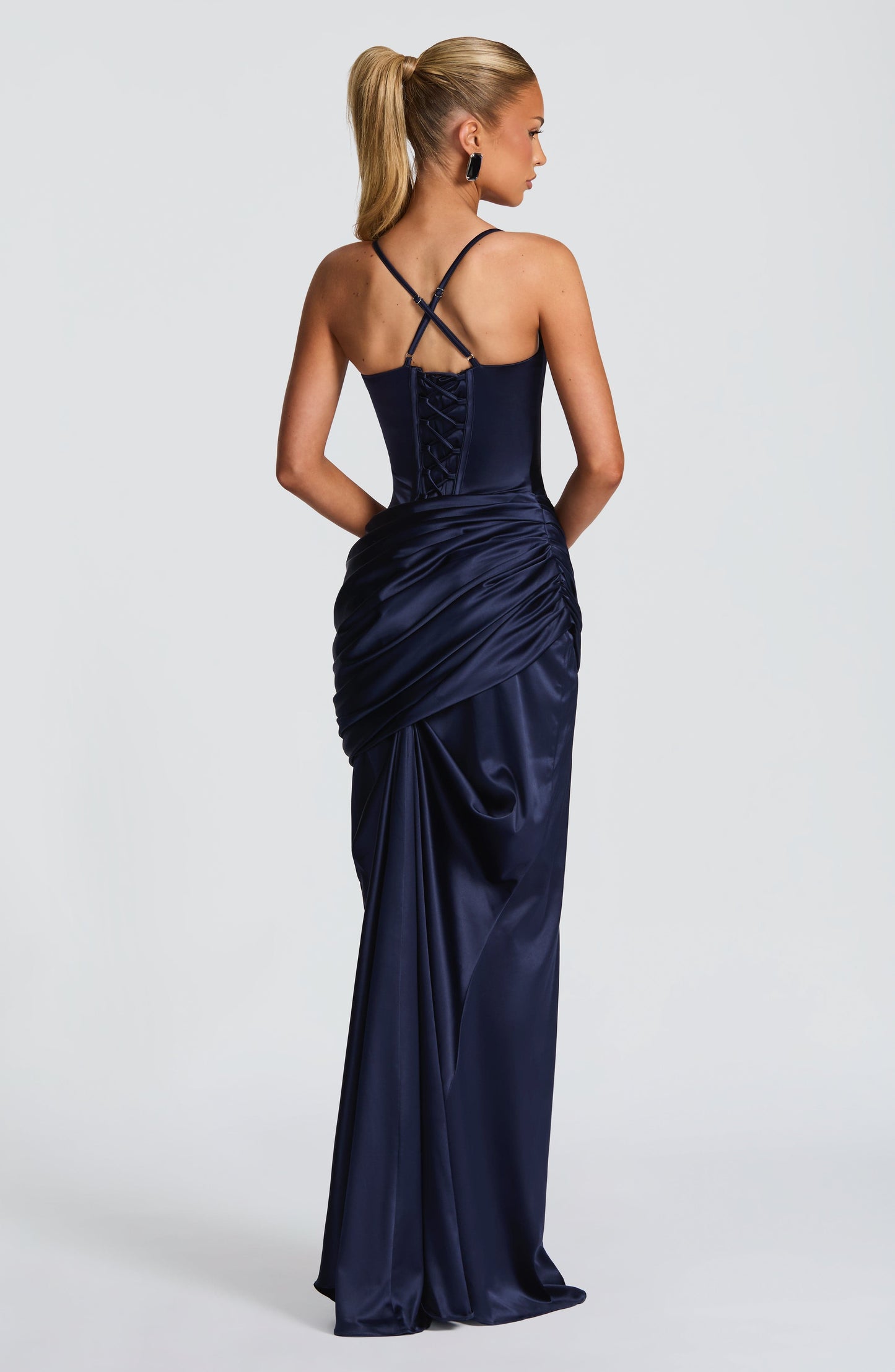 Women navy cowl maxi dress, side view
