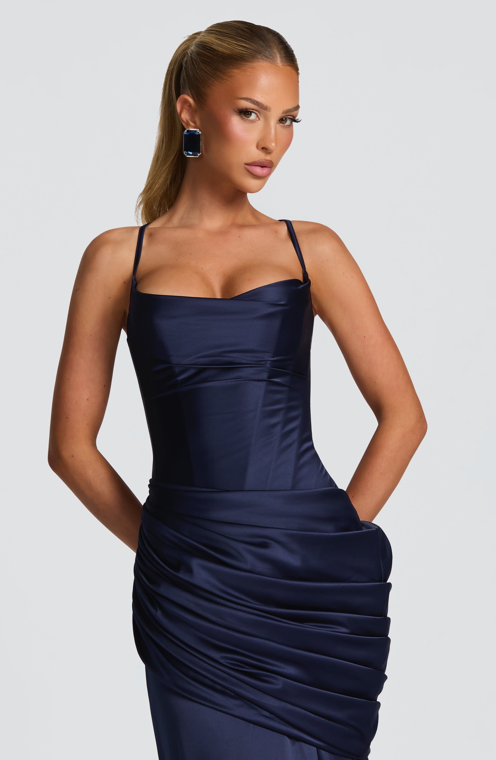 Women navy cowl maxi dress, detail close-up