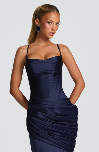 Women navy cowl maxi dress, detail close-up
