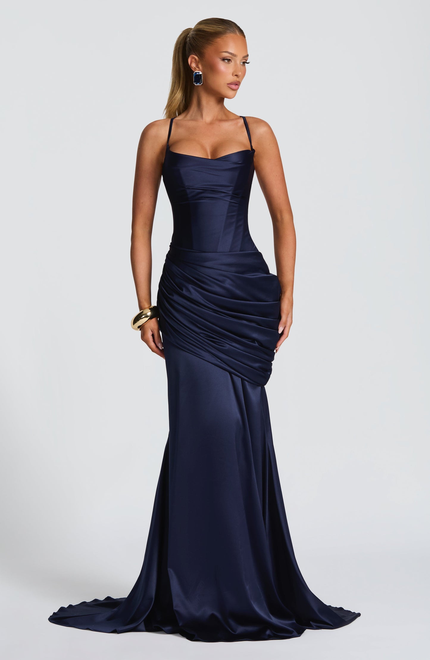 Women navy cowl maxi dress, front view