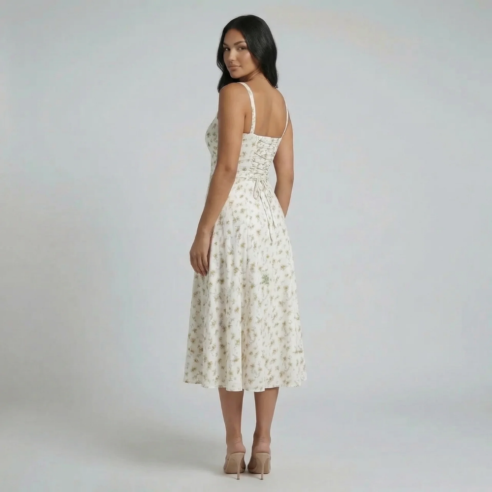 White floral corset midi dress with lace-up back detail — rear view highlighting structure.