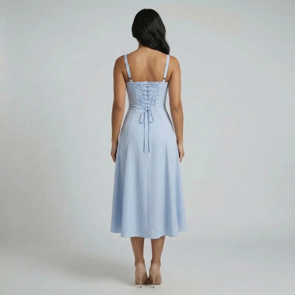 Baby blue A-line corset midi dress with lace-up back detail — rear view showing adjustable fit.