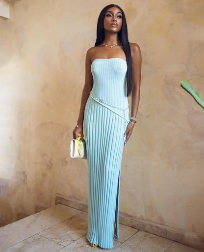 Isadora Strapless Side-Slit Sweater in Blue