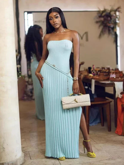 Isadora Strapless Side-Slit Sweater in Blue