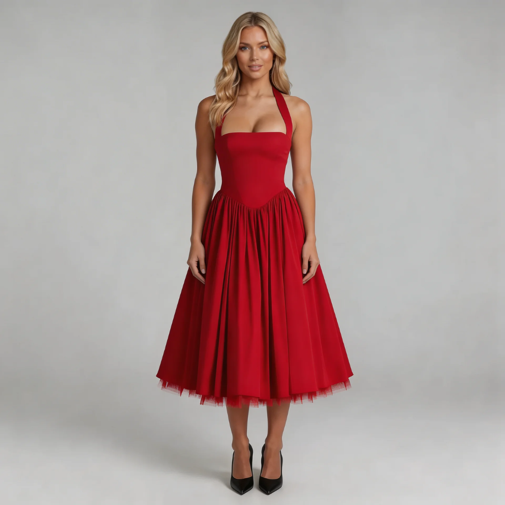 Red corset halter midi dress with layered skirt — front view showcasing structured silhouette.