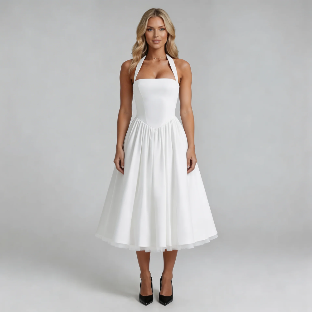 White corset halter midi dress with layered skirt — front view.