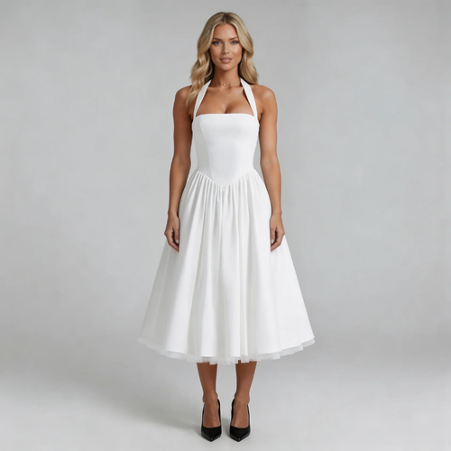 White corset halter midi dress with layered skirt — front view.
