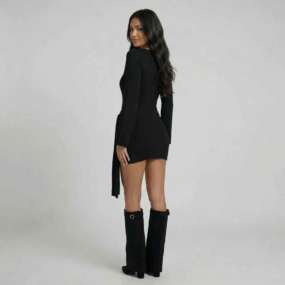 Women black crew neck draped mini dress, side view
