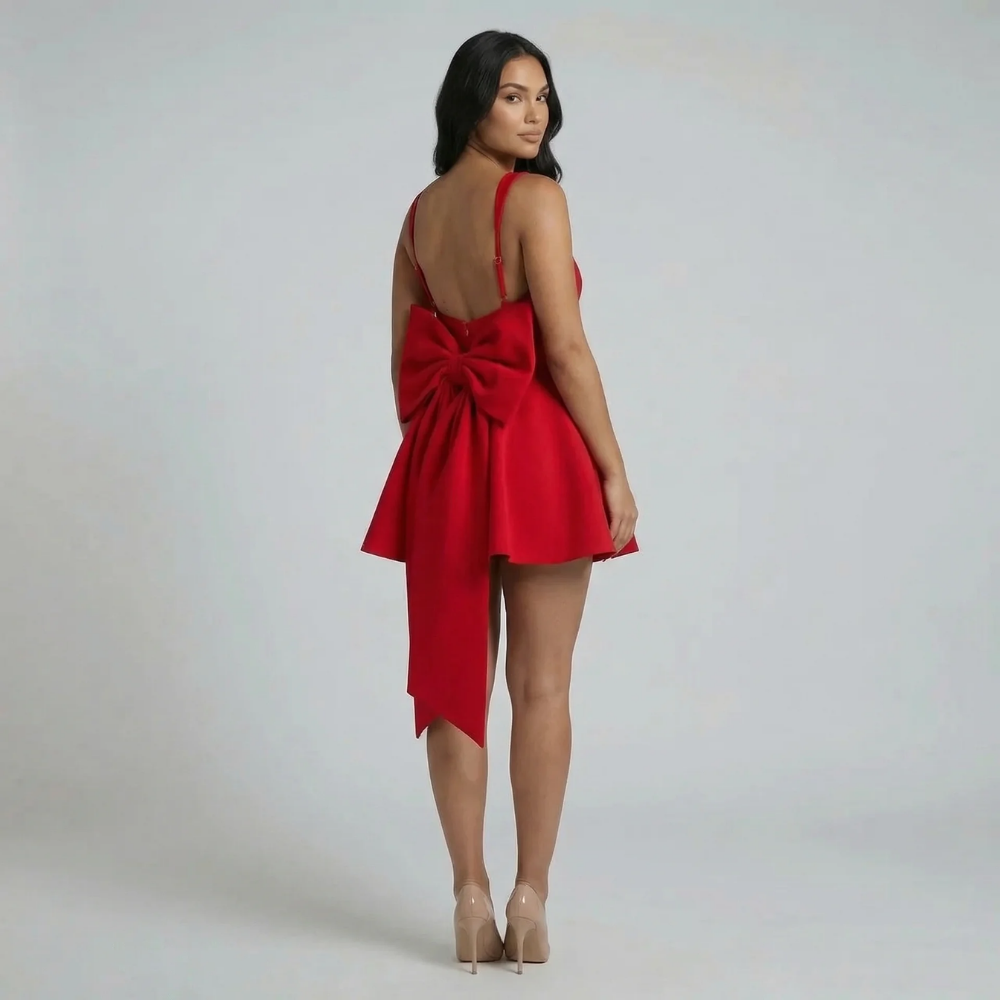 Back view of red mini dress showcasing detachable oversized bow detail