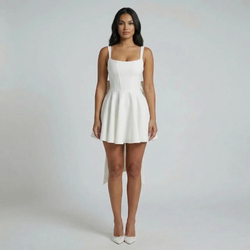 White fit-and-flare mini dress styled with heels, front view highlighting square neckline