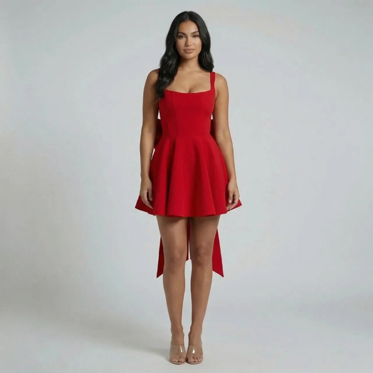 Red fit-and-flare mini dress with square neckline and oversized back bow