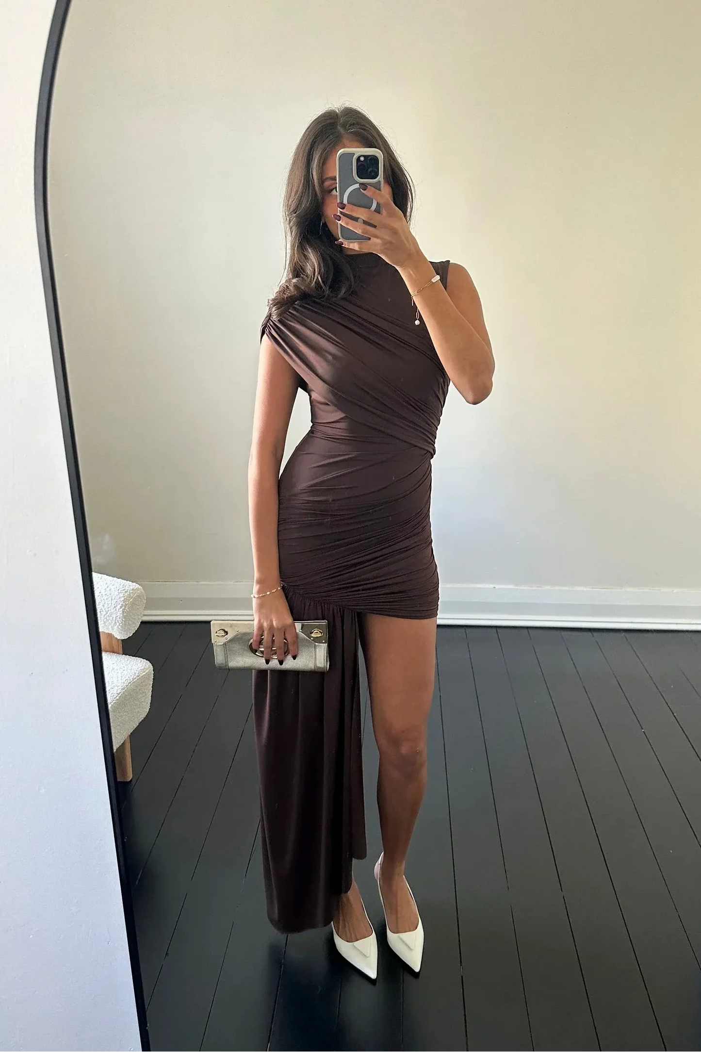 Jenna High Mini Dress in Brown