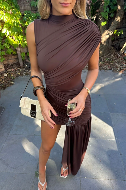 Jenna High Mini Dress in Brown