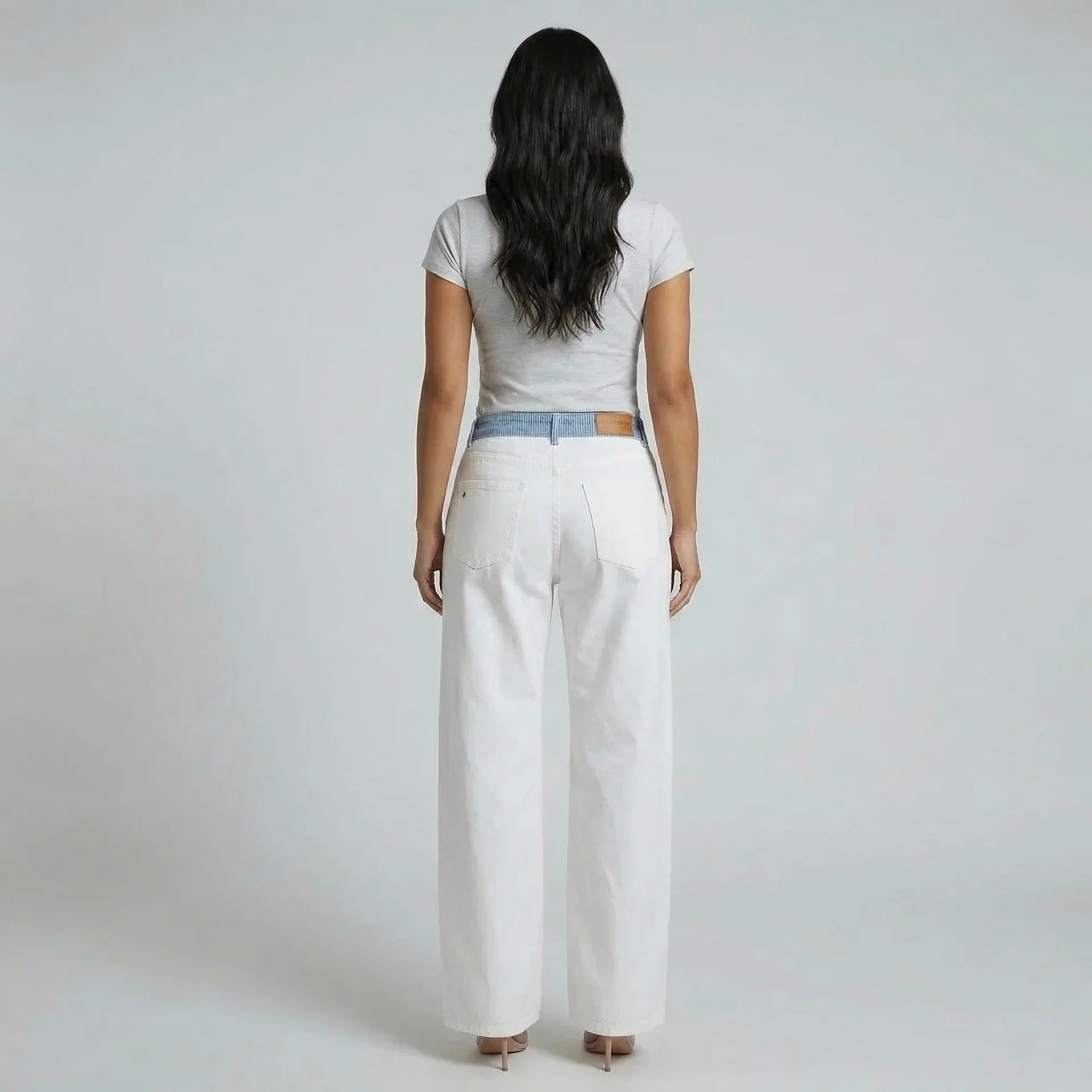 White wide-leg jeans with striped waistband — back view highlighting classic 5-pocket design