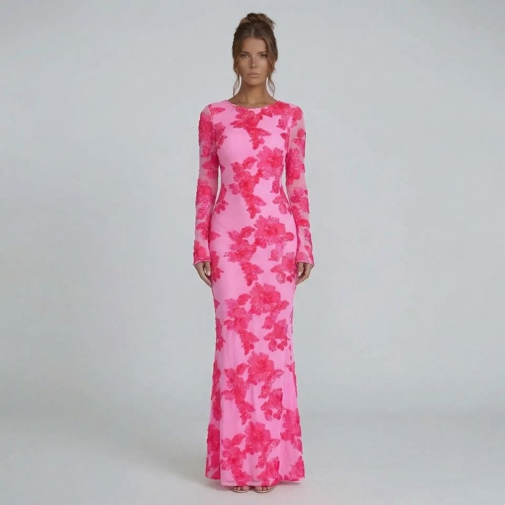 Pink embroidered maxi dress with floral overlay and bell sleeves — front view