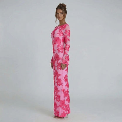 Pink embroidered maxi dress with floral mesh and bell cuffs — side angle
