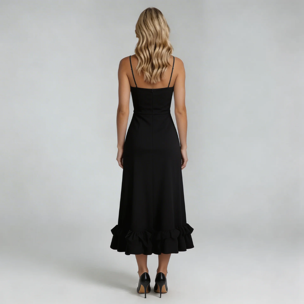Black midi dress with ruffled hem – back angle highlighting spaghetti straps and clean silhouette.