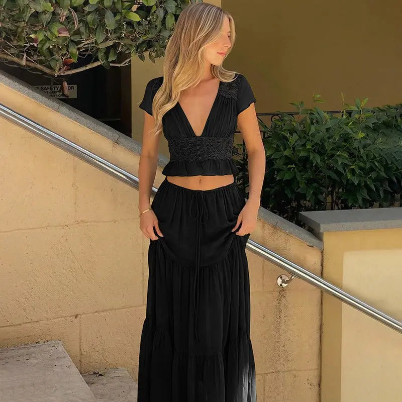 Juno Lace Crop Set in Black