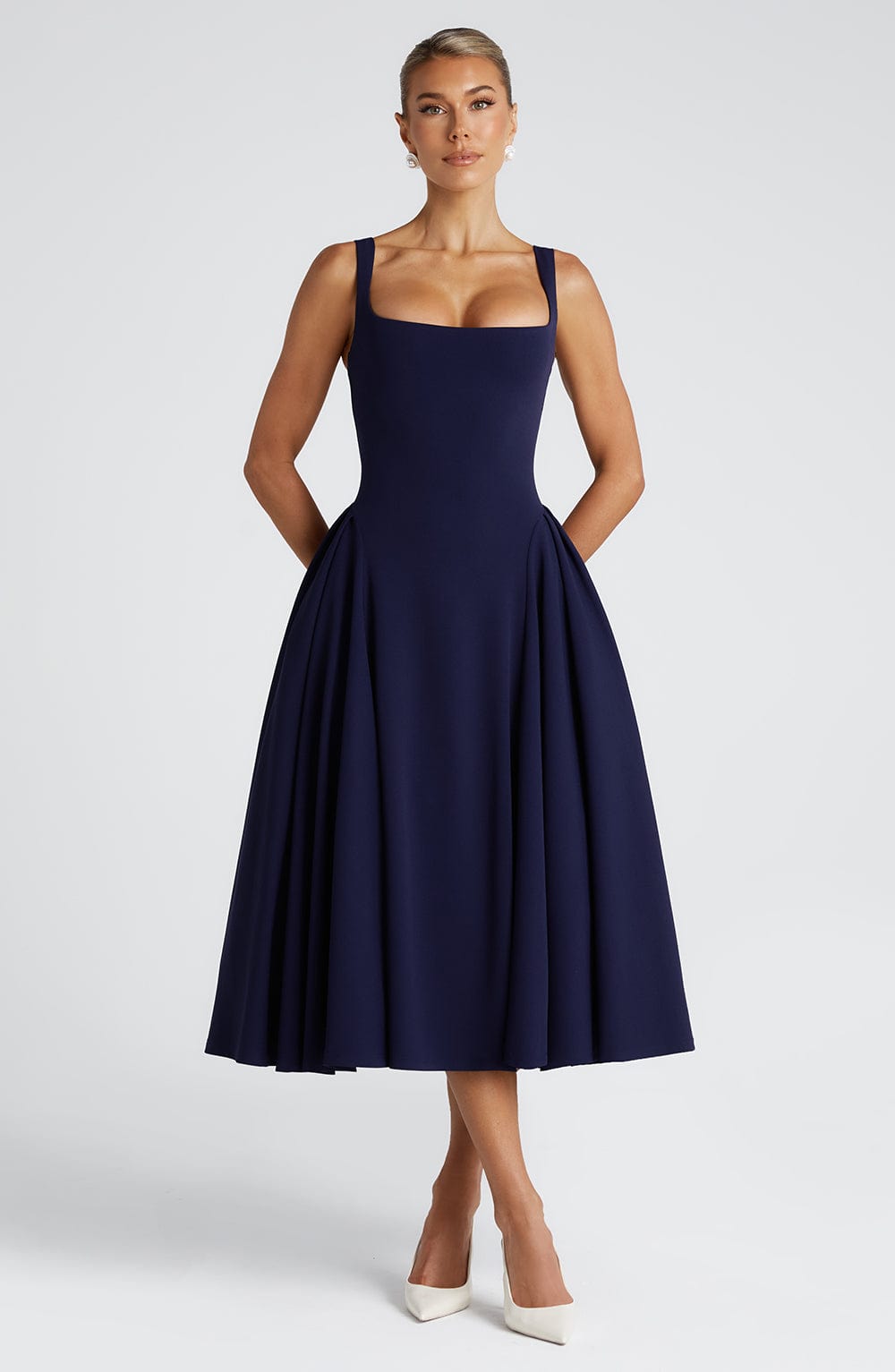 Women navy square neck midi dress, back view