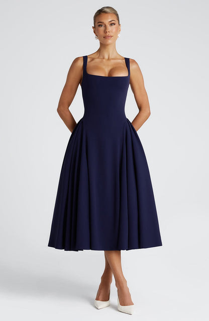 Women navy square neck midi dress, back view